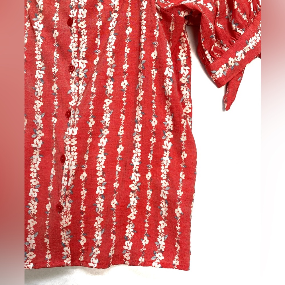 Lauren Conrad Red Floral Button-Up Short Sleeve Top/Blouse Tie Sleeve Size M - Picture 4 of 11